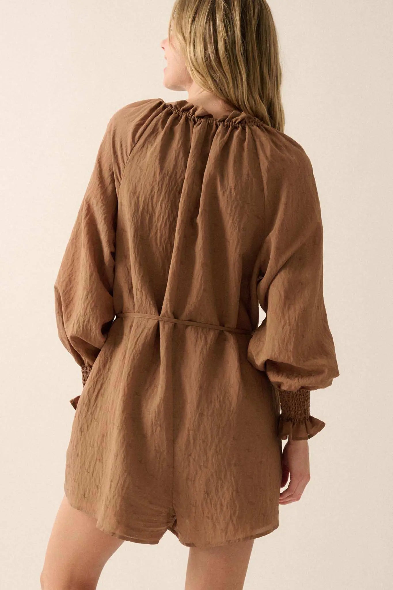Poetic Heart Jacquard Peasant-Sleeve Belted Romper