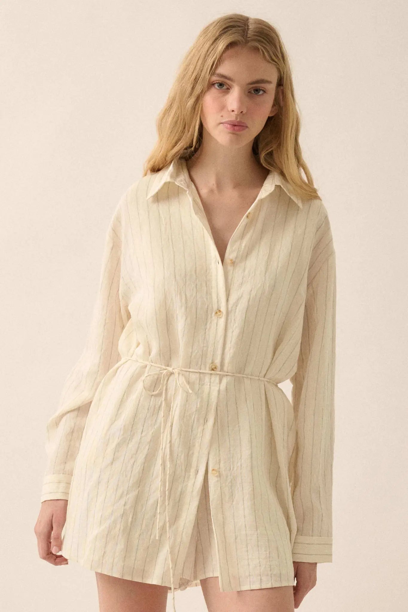 Line Item Pinstripe Belted Button-Up Shirt Romper