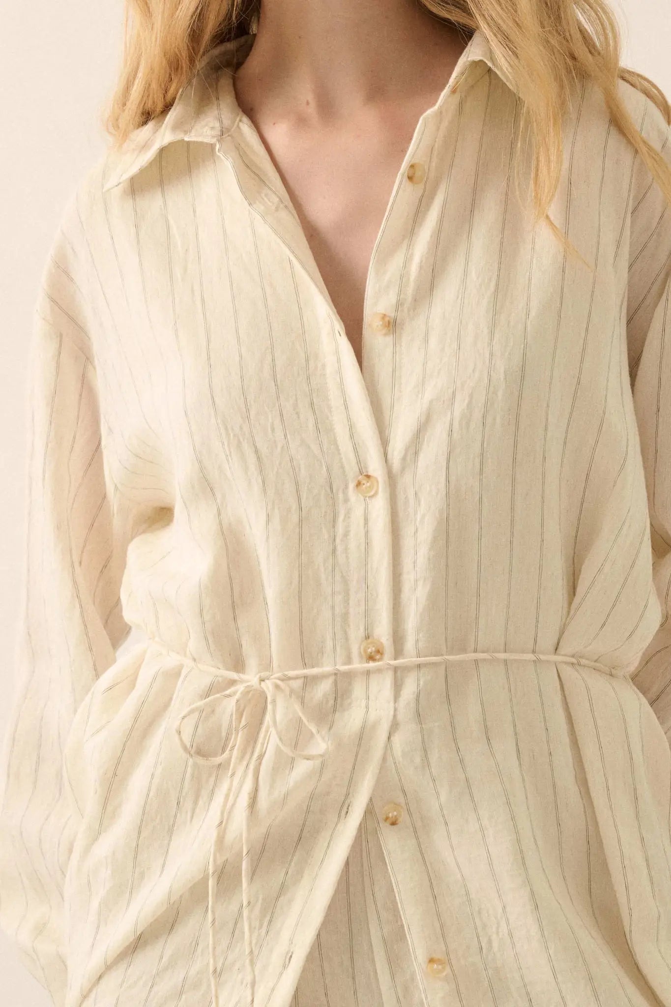 Line Item Pinstripe Belted Button-Up Shirt Romper