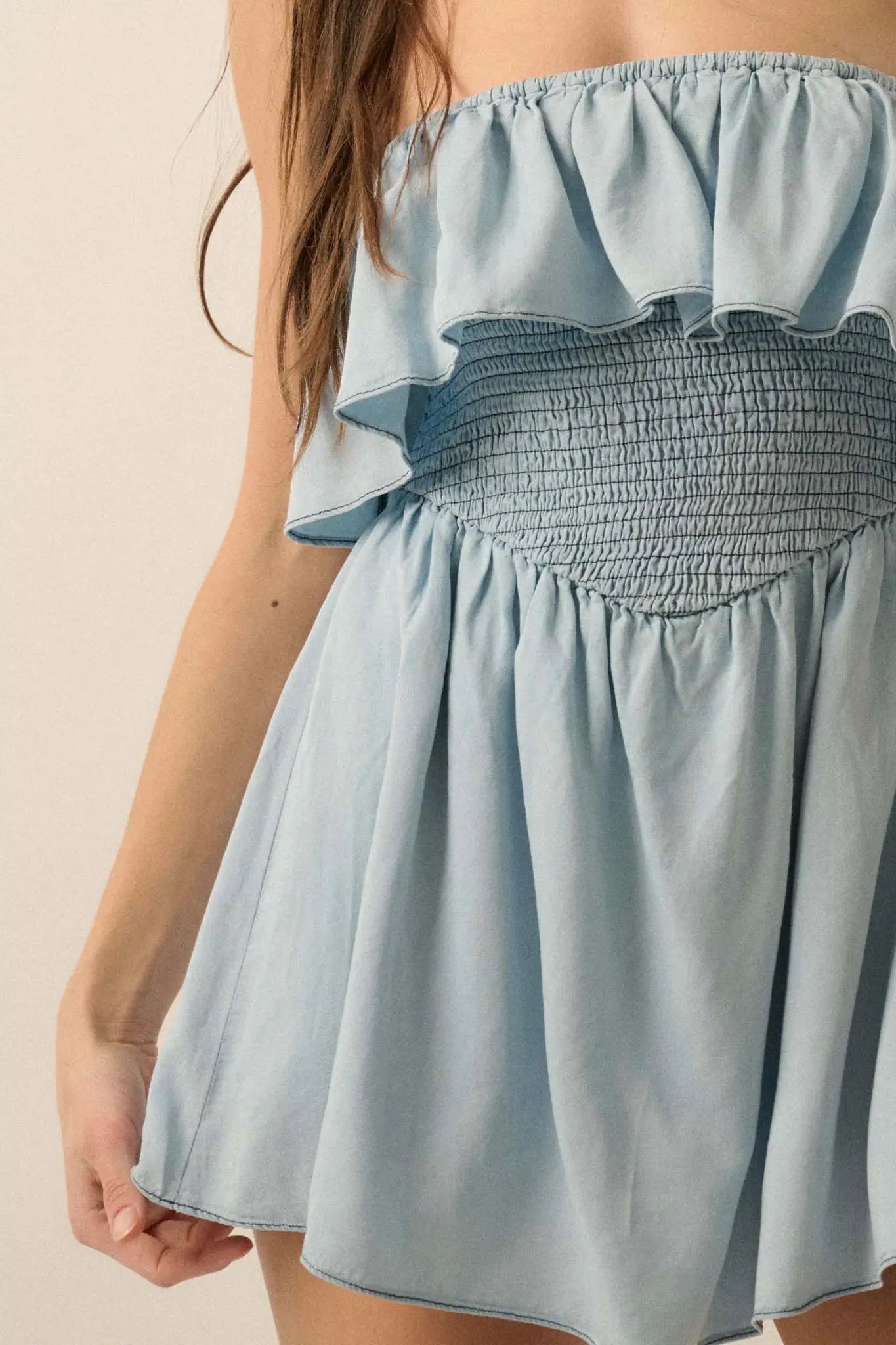 Blue Zone Denim Strapless Flounce Romper