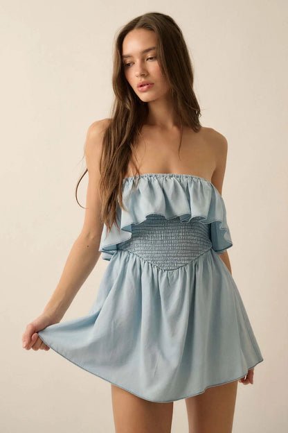 Blue Zone Denim Strapless Flounce Romper