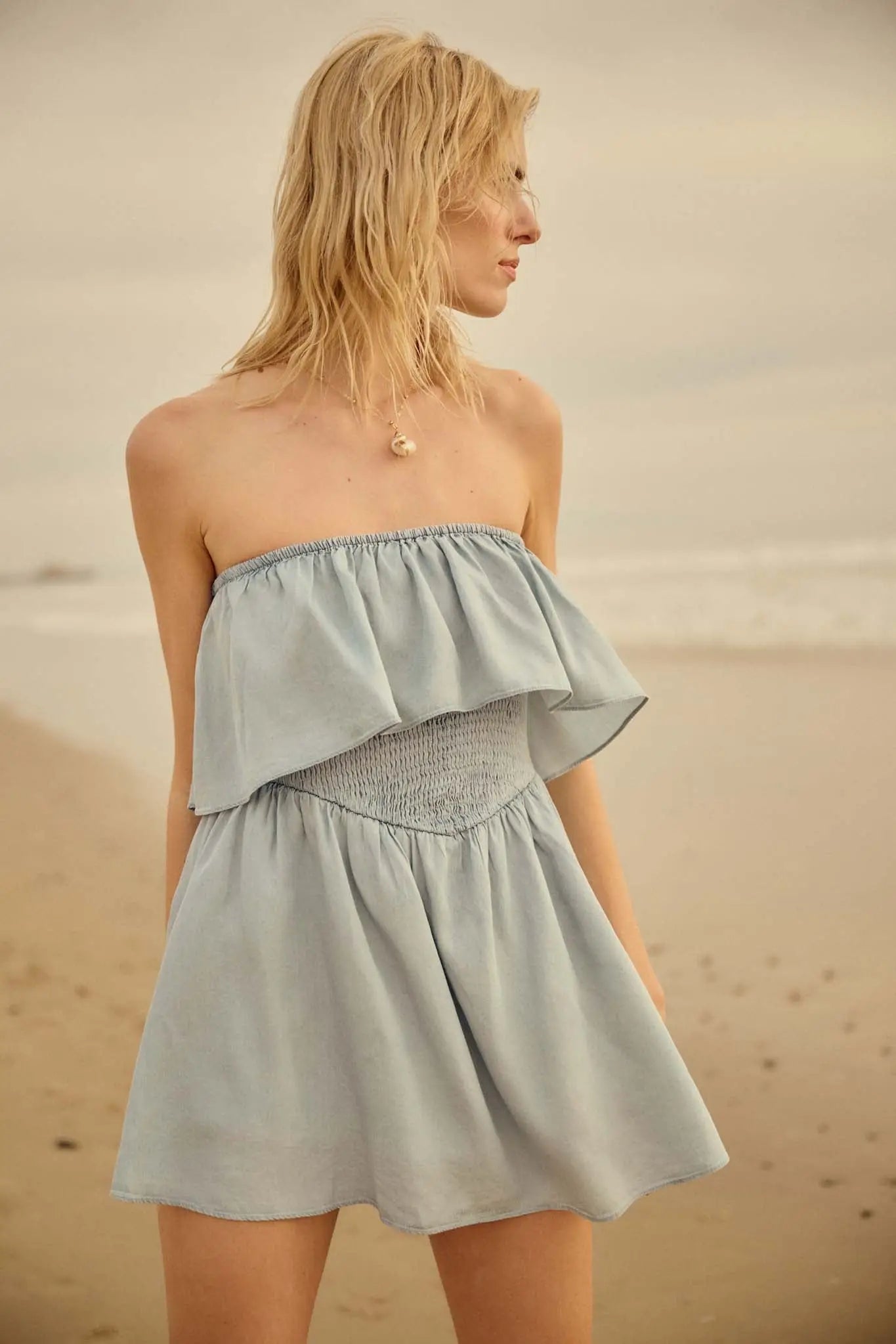 Blue Zone Denim Strapless Flounce Romper