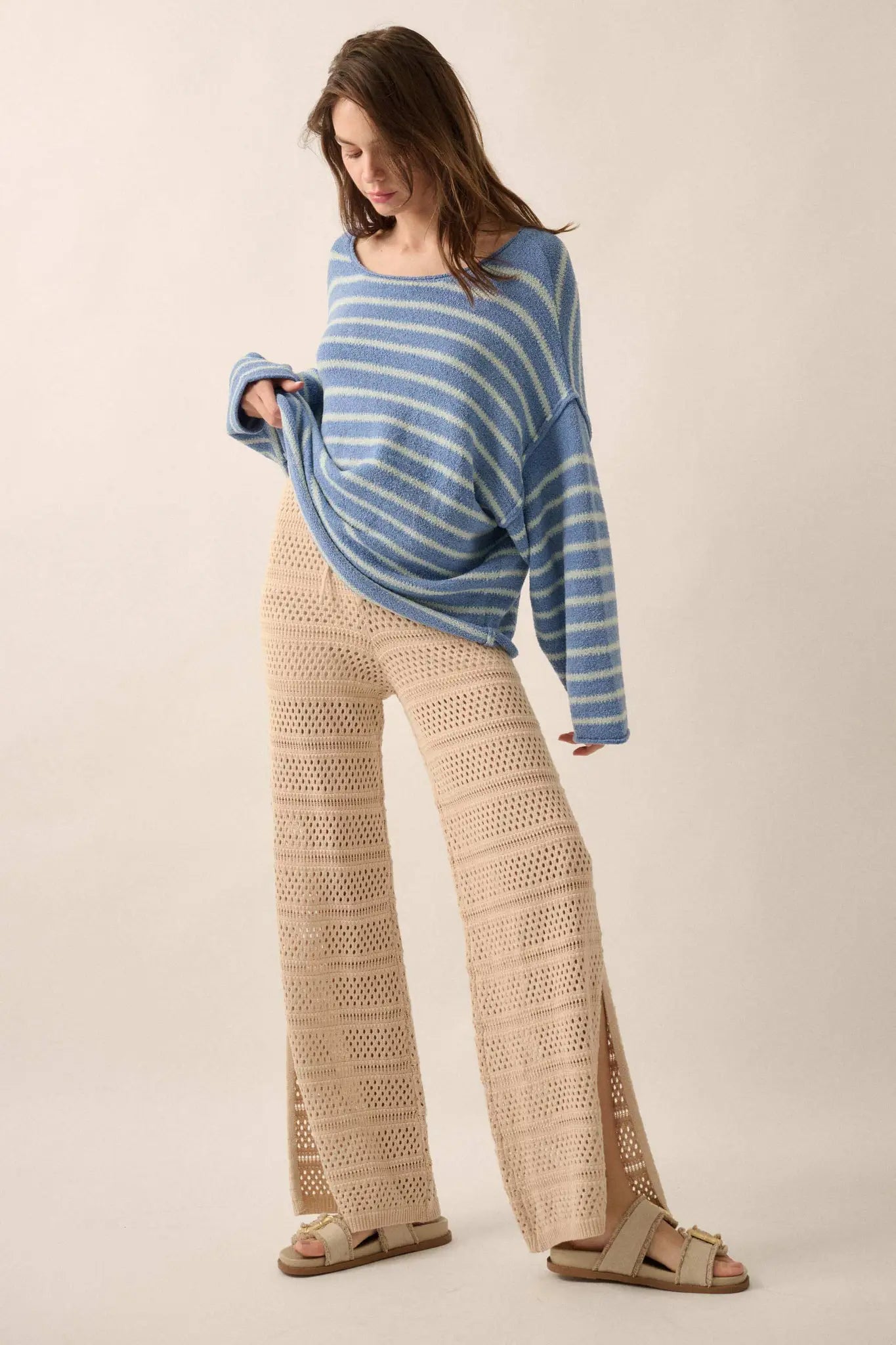 Peaceful Feeling Crochet Knit Split-Hem Pants