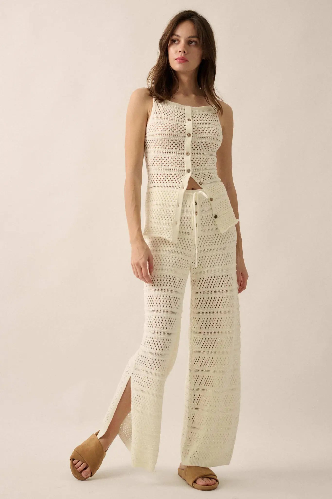 Peaceful Feeling Crochet Knit Split-Hem Pants