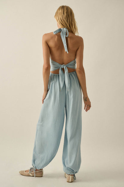 Head in the Clouds Denim Halter Balloon Jumpsuit