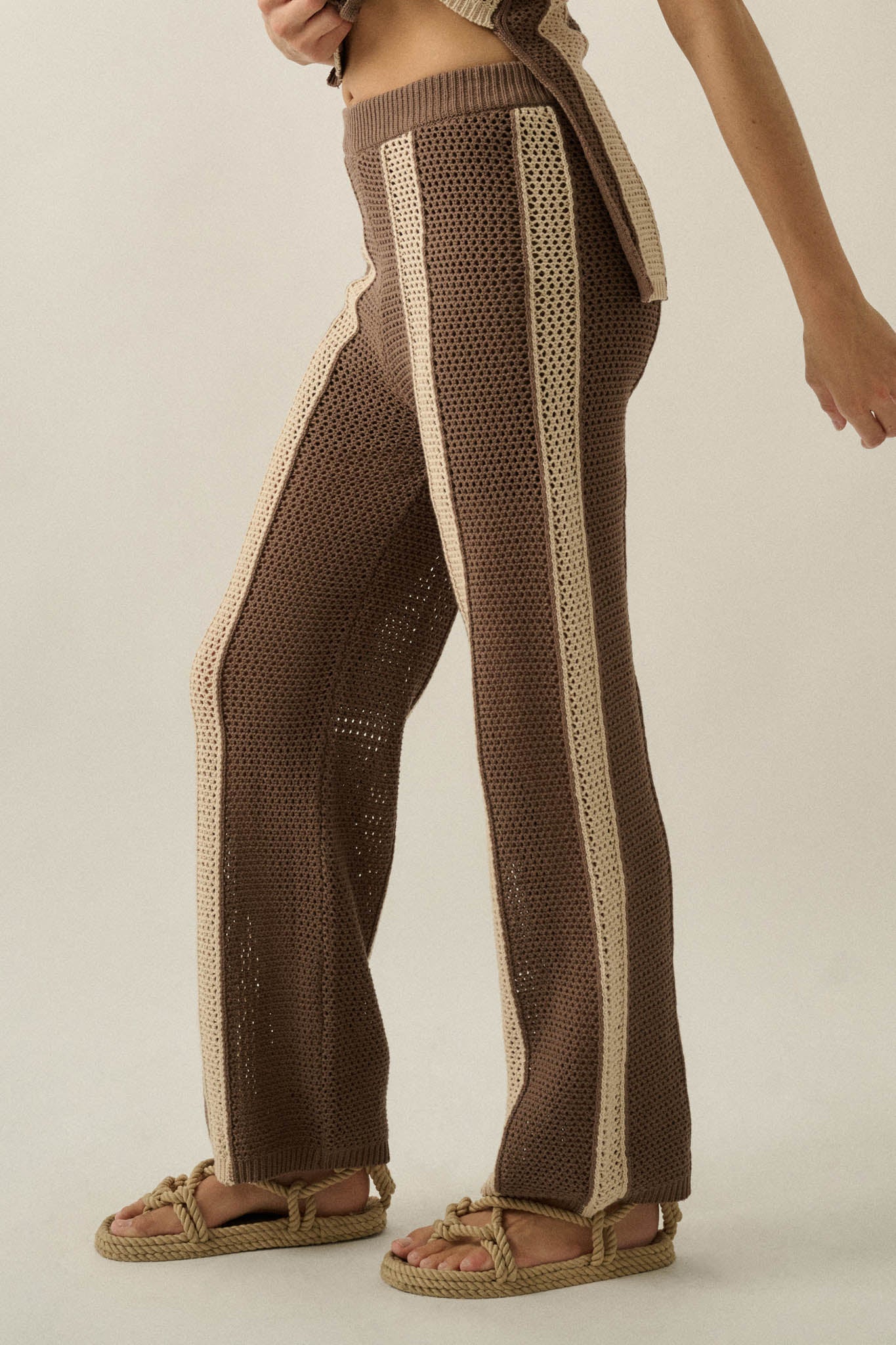 See You Soon Striped Crochet-Knit Sweater Pants