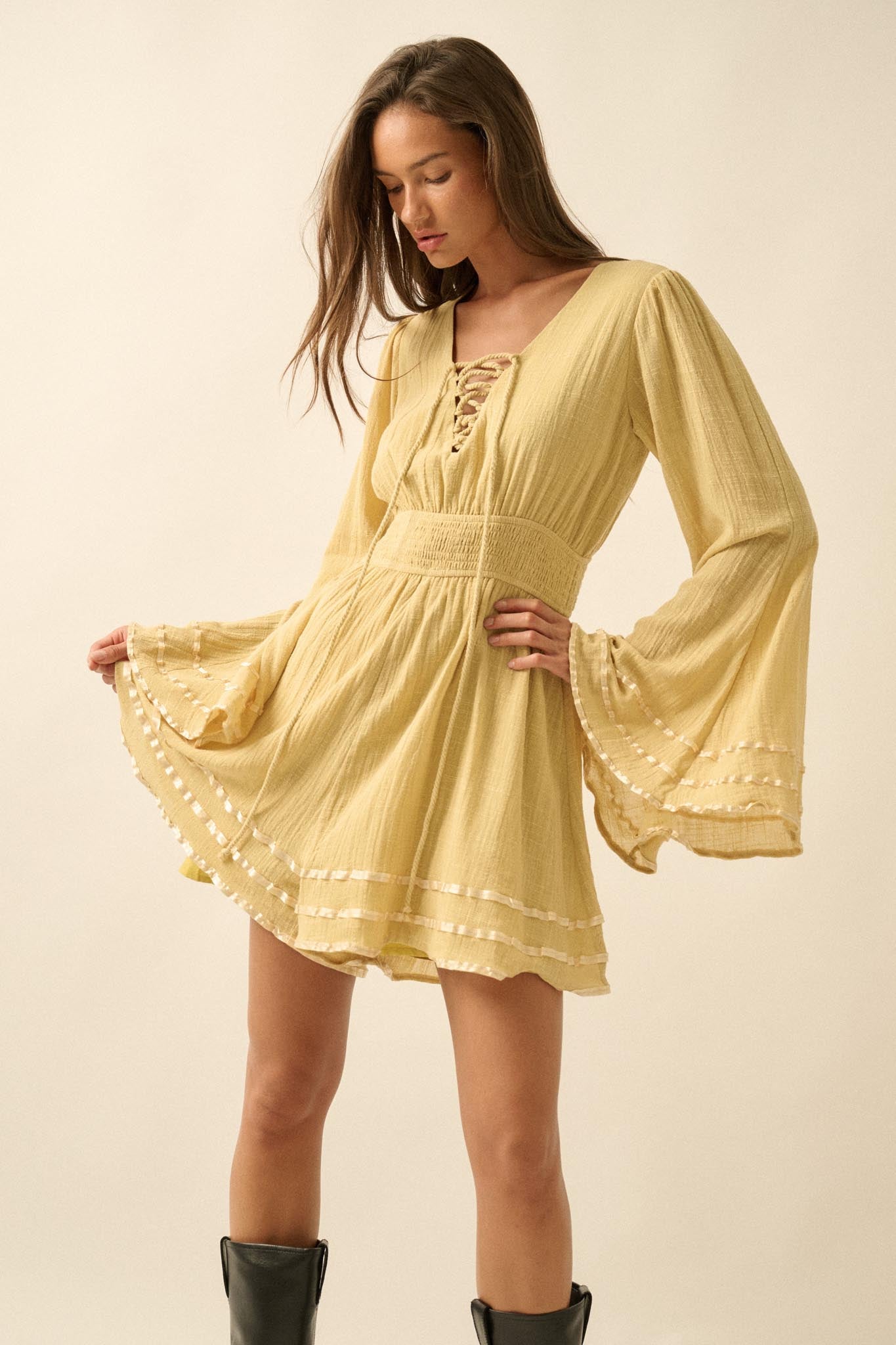 Feeling Free Cotton Lace-Up Bell-Sleeve Romper