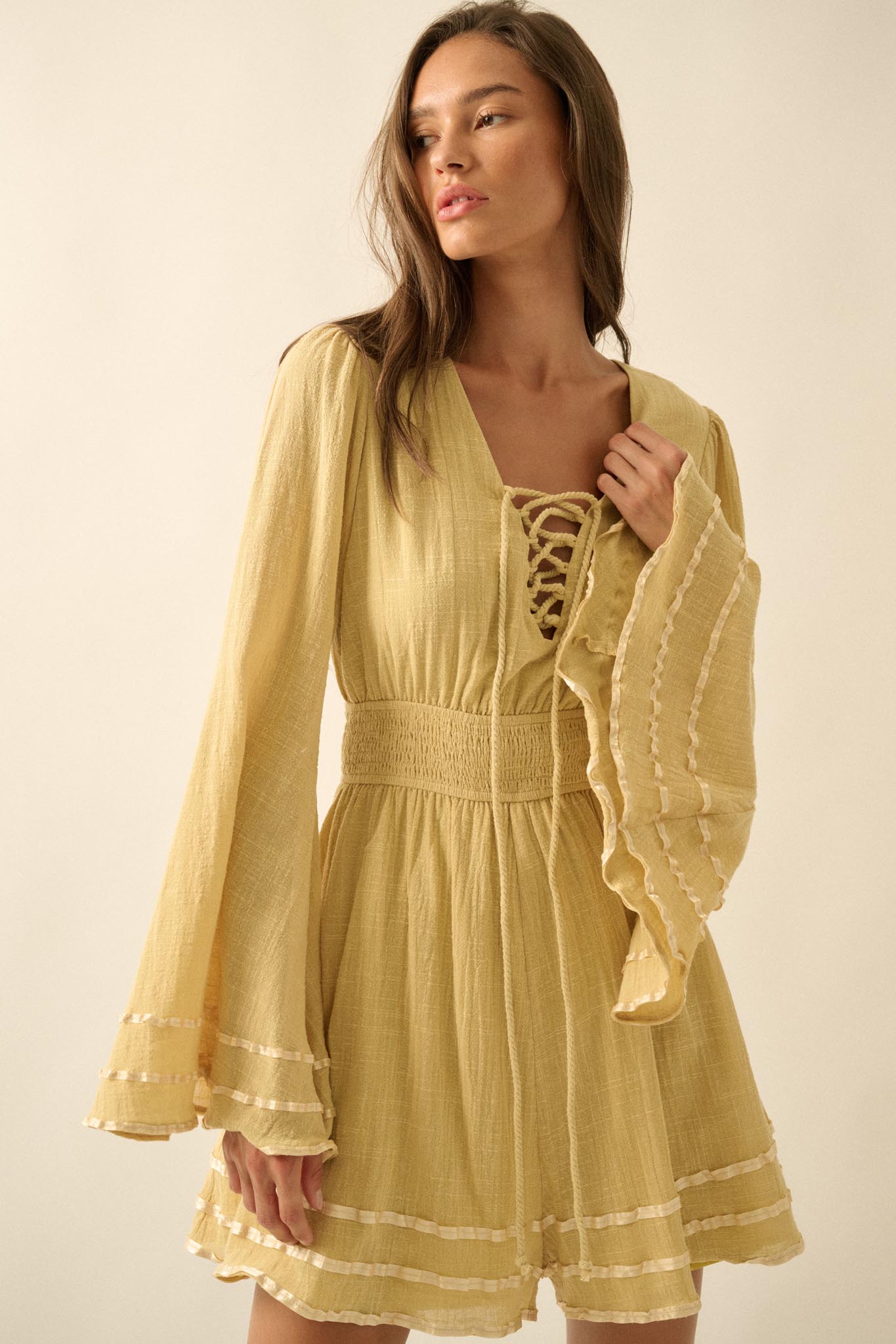 Feeling Free Cotton Lace-Up Bell-Sleeve Romper