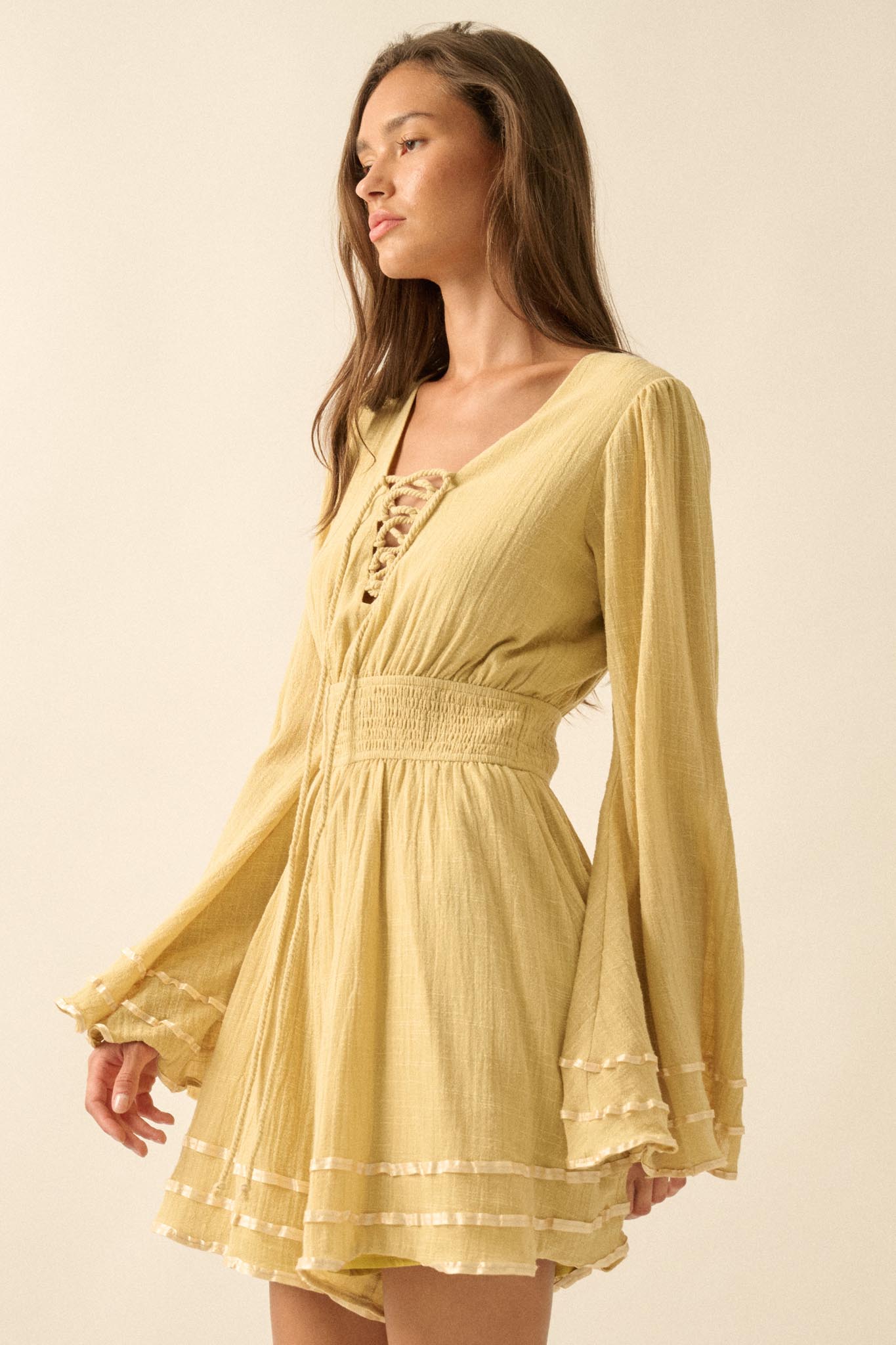 Feeling Free Cotton Lace-Up Bell-Sleeve Romper