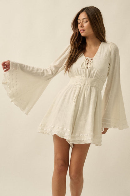Feeling Free Cotton Lace-Up Bell-Sleeve Romper