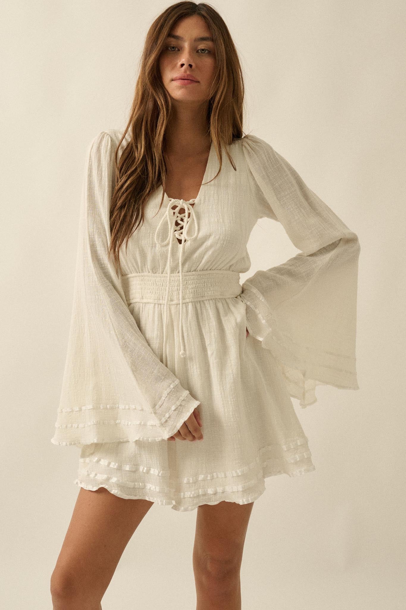 Feeling Free Cotton Lace-Up Bell-Sleeve Romper