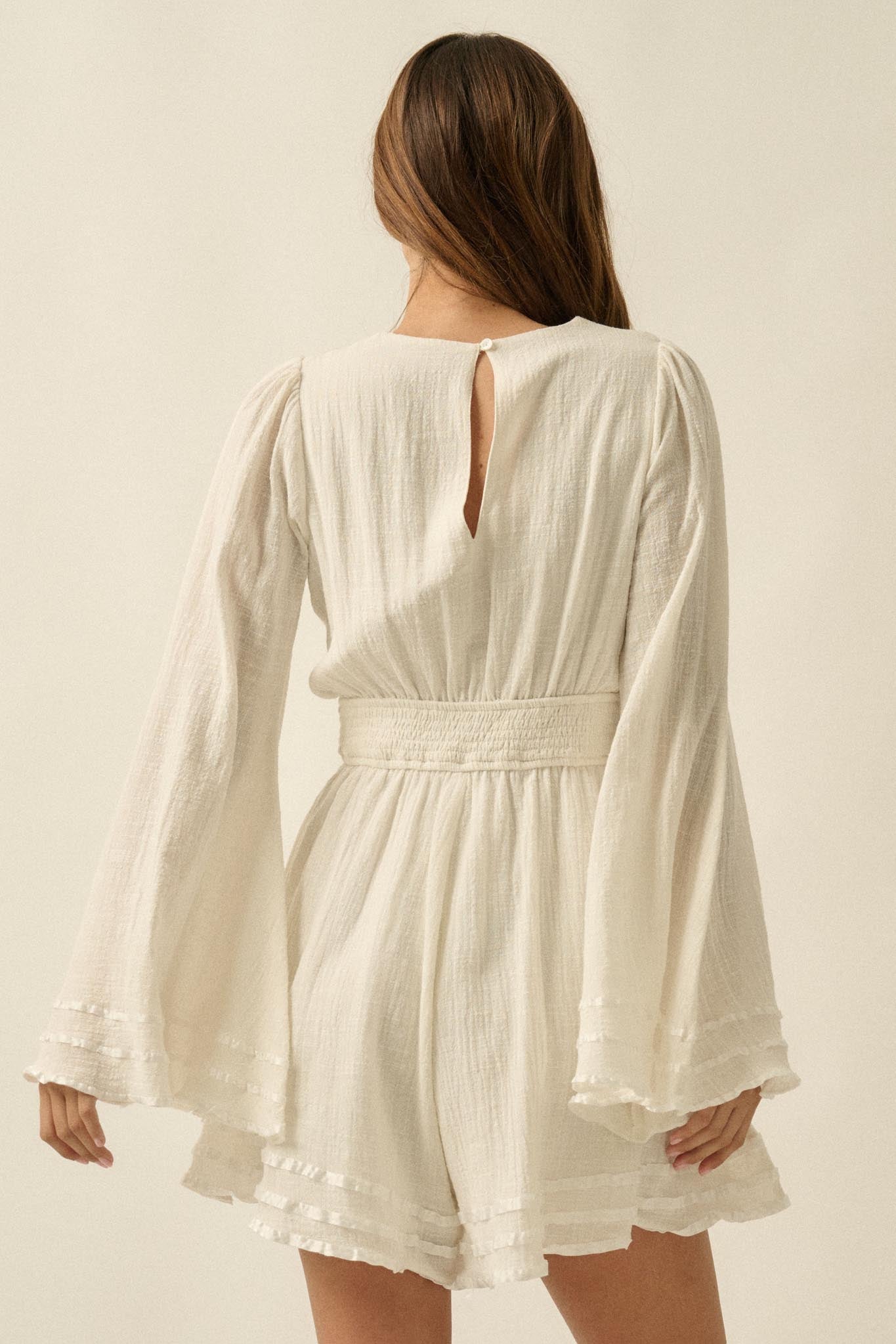 Feeling Free Cotton Lace-Up Bell-Sleeve Romper