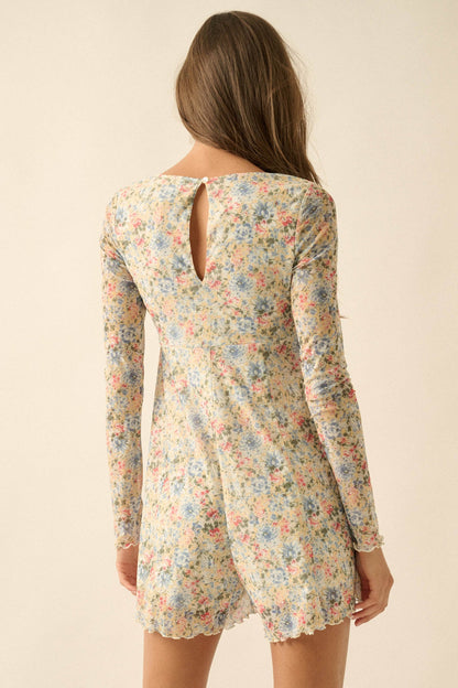 Budding Love Floral Mesh V-Neck Long-Sleeve Romper