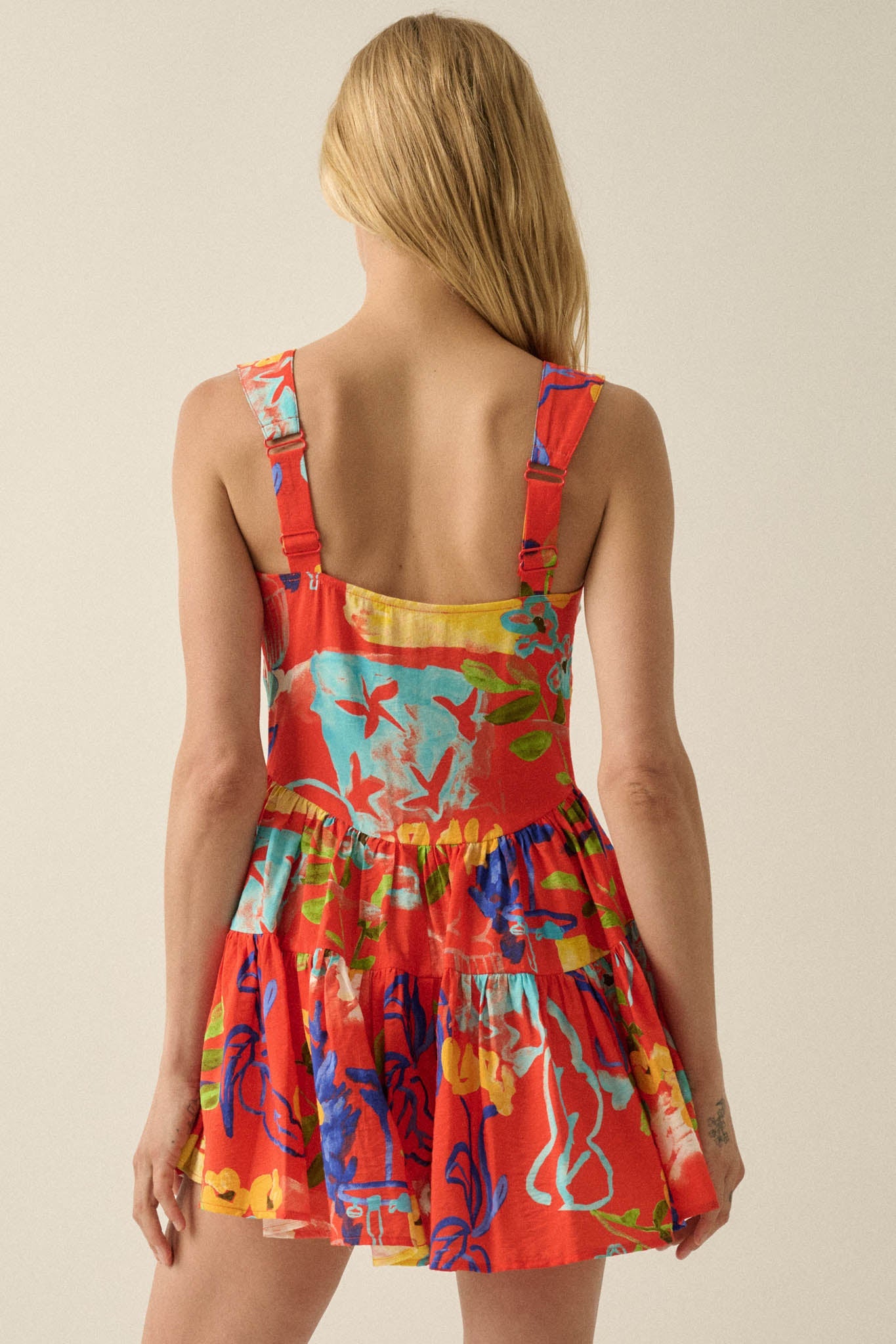 Abstract Stems Floral Tiered Ruffle Sweetheart Romper