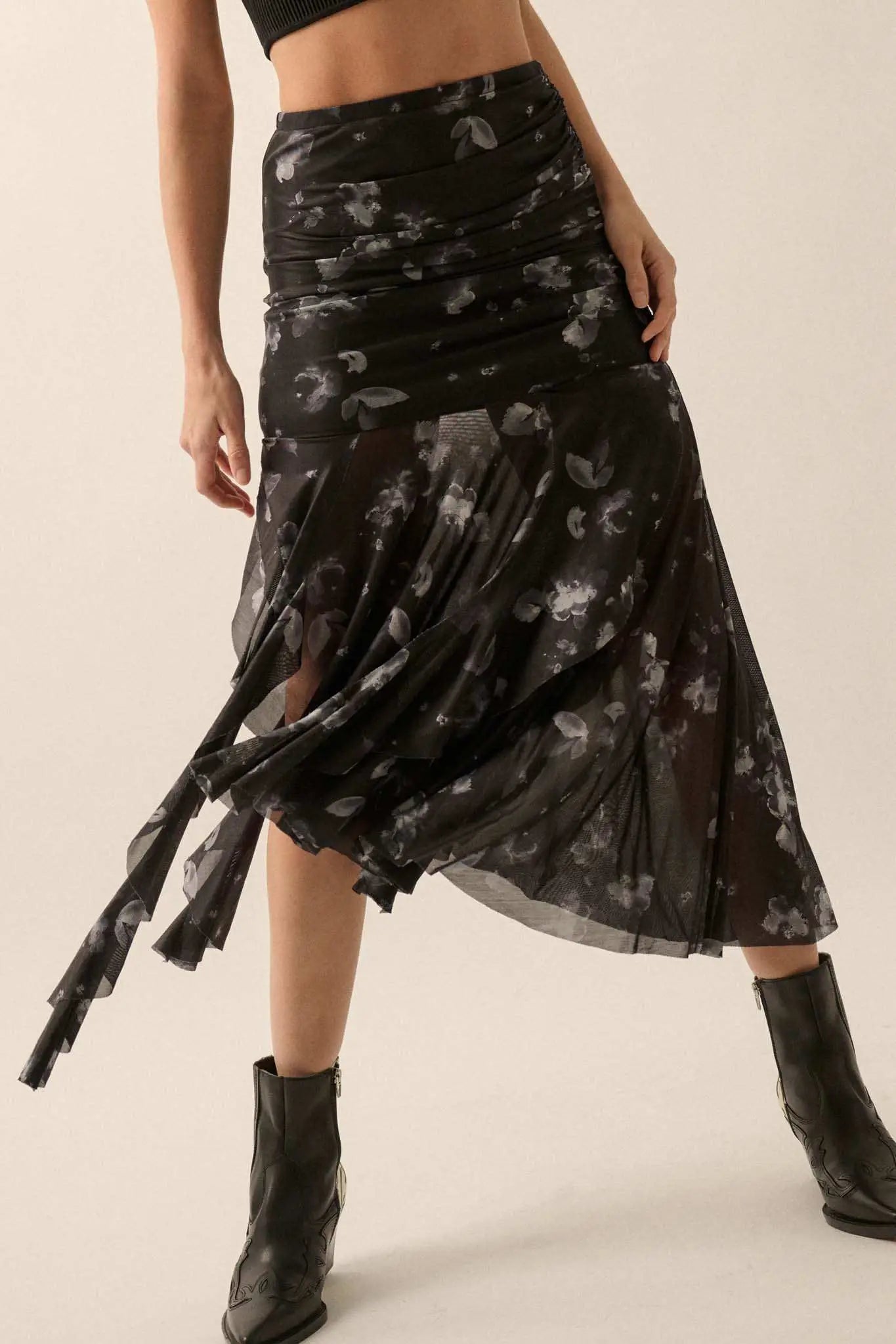 Blooming Shadows Floral Mesh Drop-Waist Midi Skirt
