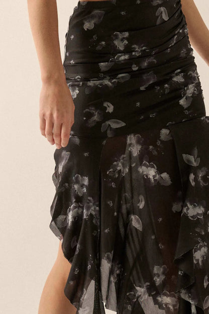 Blooming Shadows Floral Mesh Drop-Waist Midi Skirt