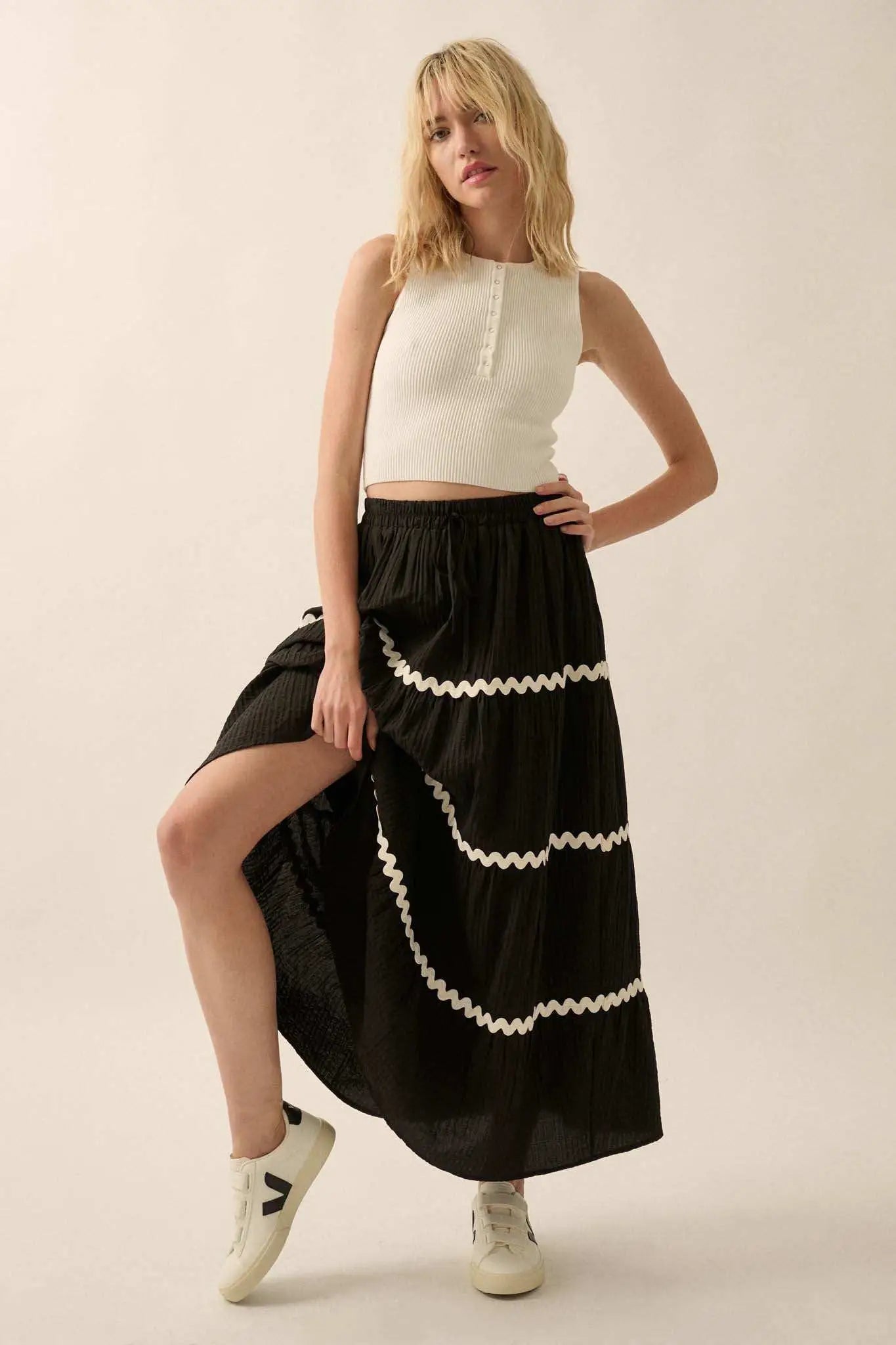 Blissful Breeze Rickrack-Trim Tiered Maxi Skirt