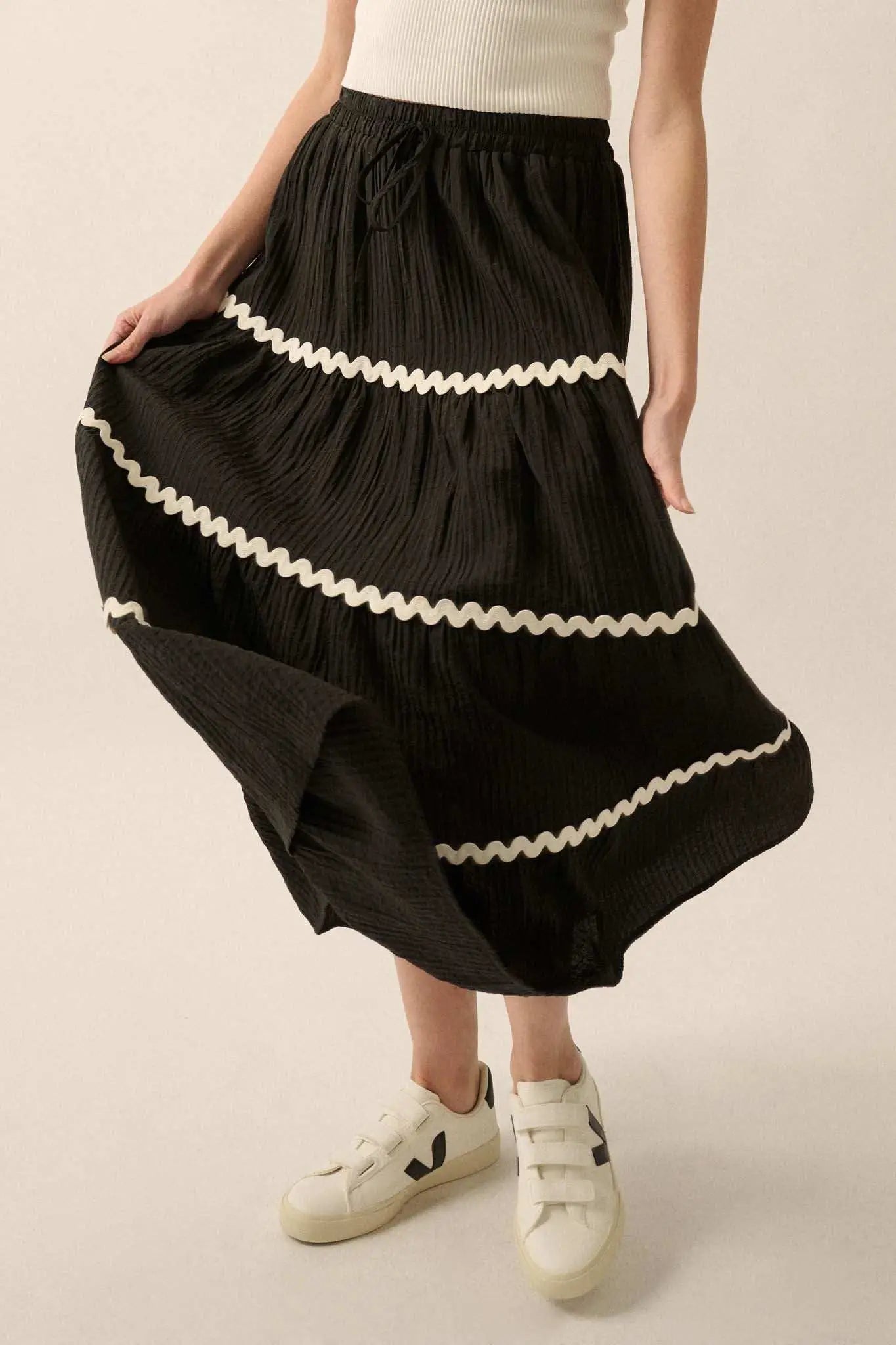 Blissful Breeze Rickrack-Trim Tiered Maxi Skirt