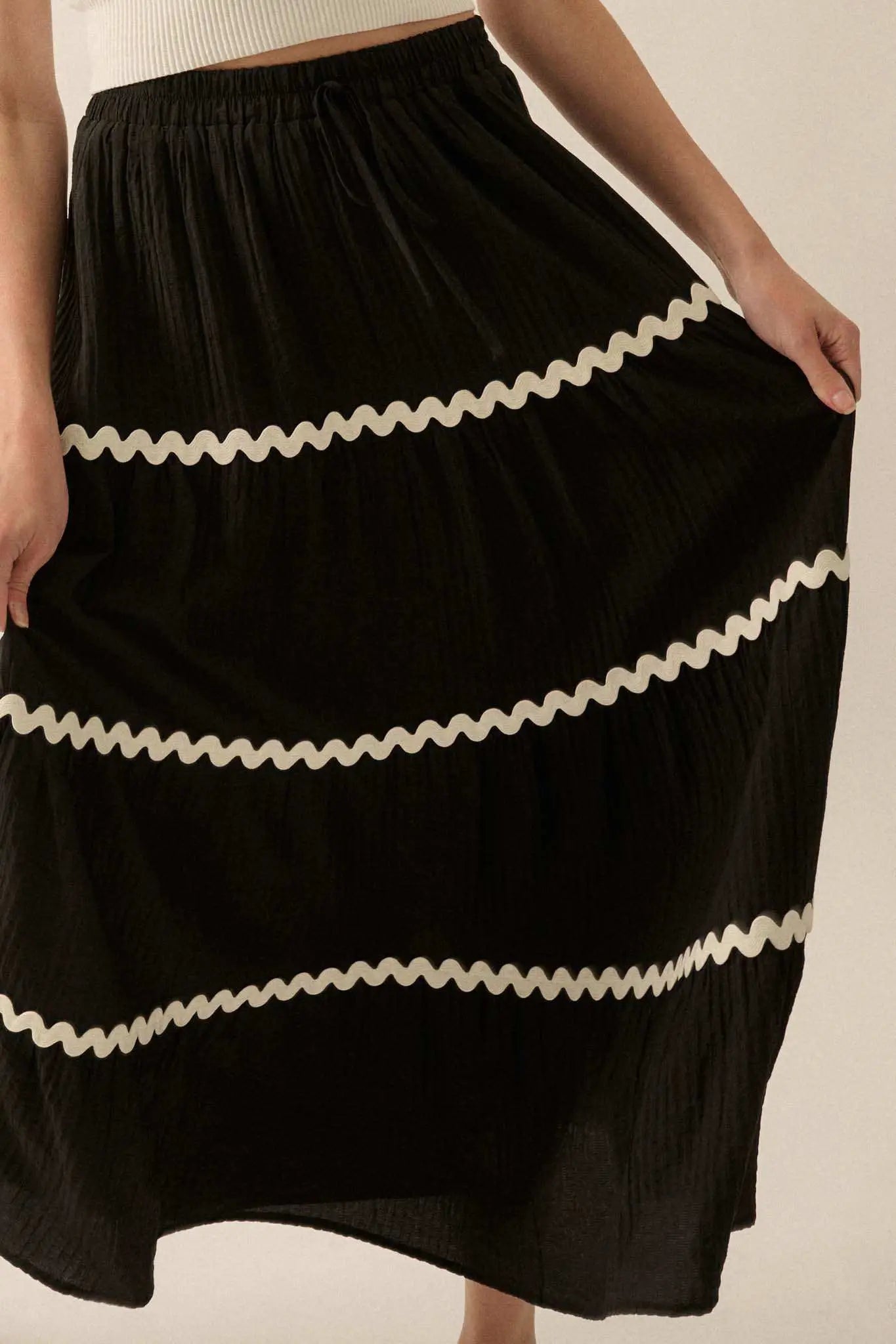 Blissful Breeze Rickrack-Trim Tiered Maxi Skirt
