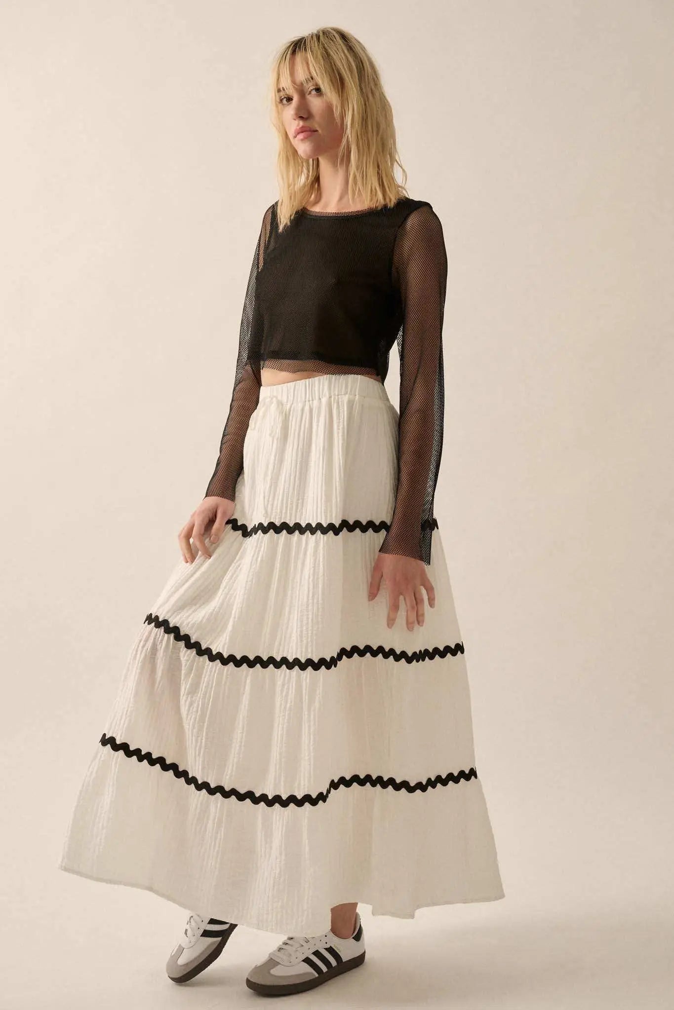 Blissful Breeze Rickrack-Trim Tiered Maxi Skirt