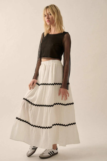 Blissful Breeze Rickrack-Trim Tiered Maxi Skirt
