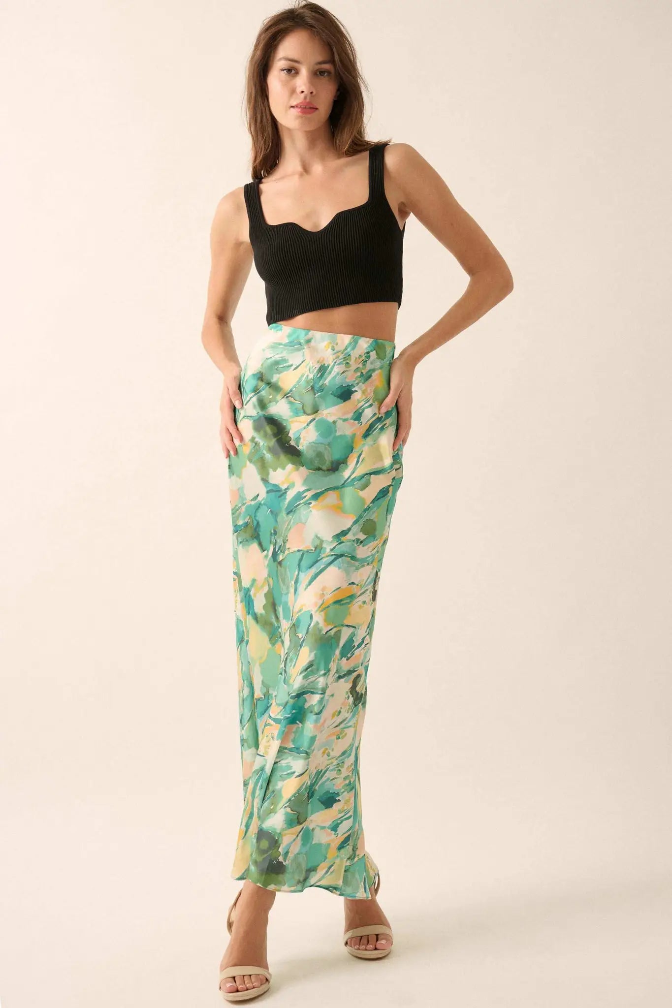 Dream Weaver Abstract-Print Satin Maxi Skirt