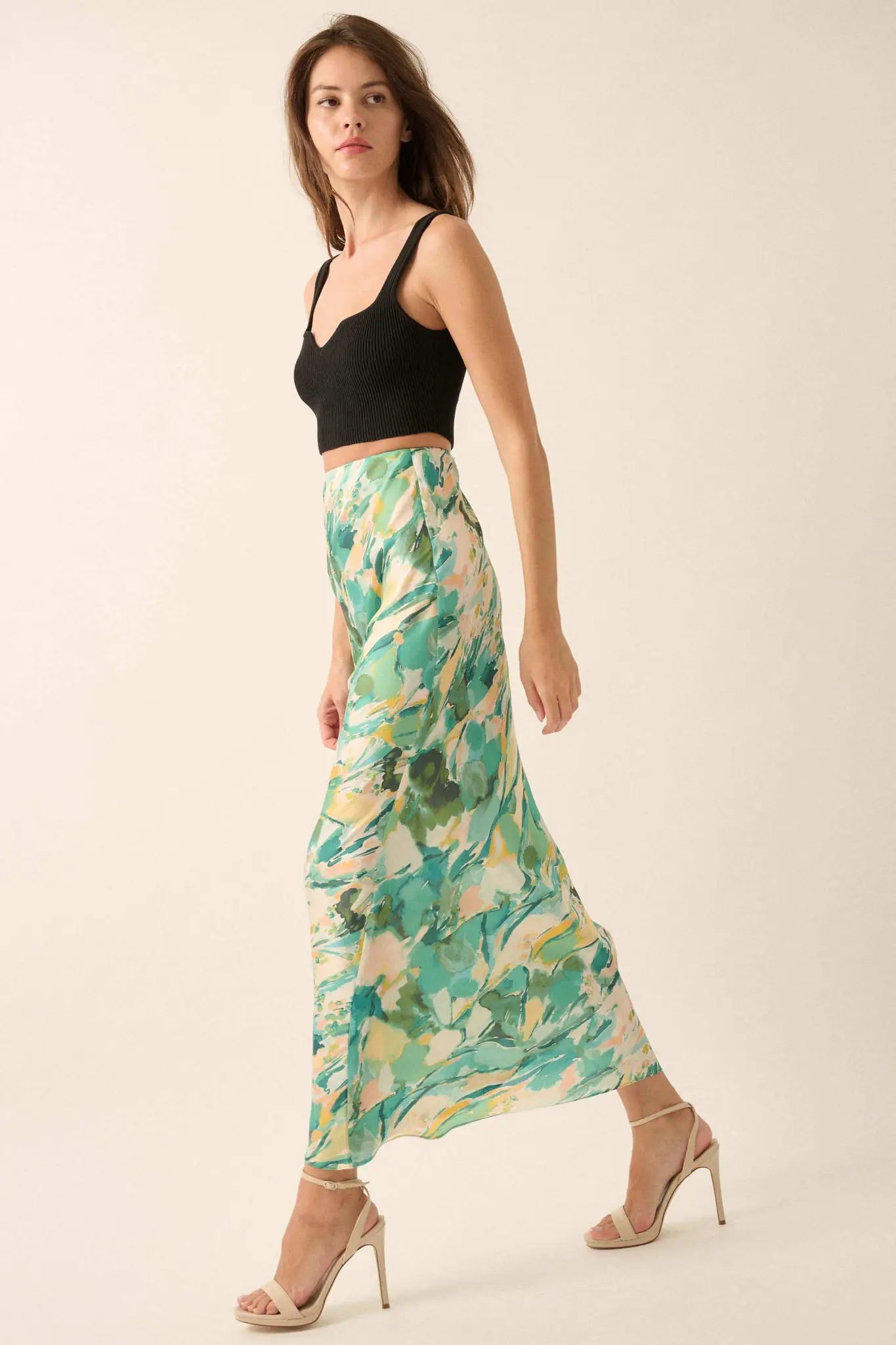 Dream Weaver Abstract-Print Satin Maxi Skirt
