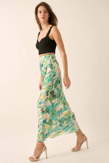 Dream Weaver Abstract-Print Satin Maxi Skirt