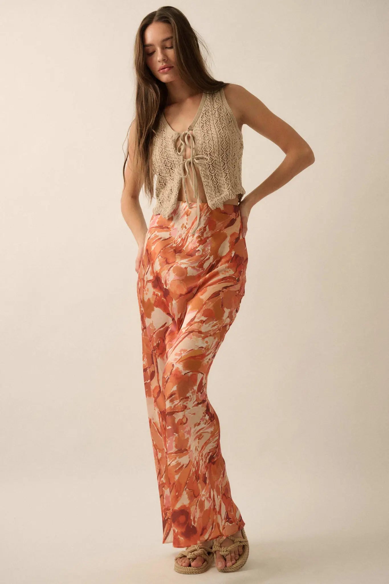 Dream Weaver Abstract-Print Satin Maxi Skirt