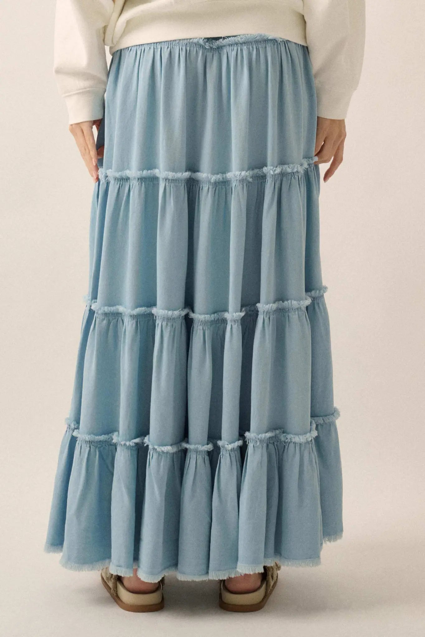 Feeling Blue Denim Raw-Edge Tiered Maxi Skirt