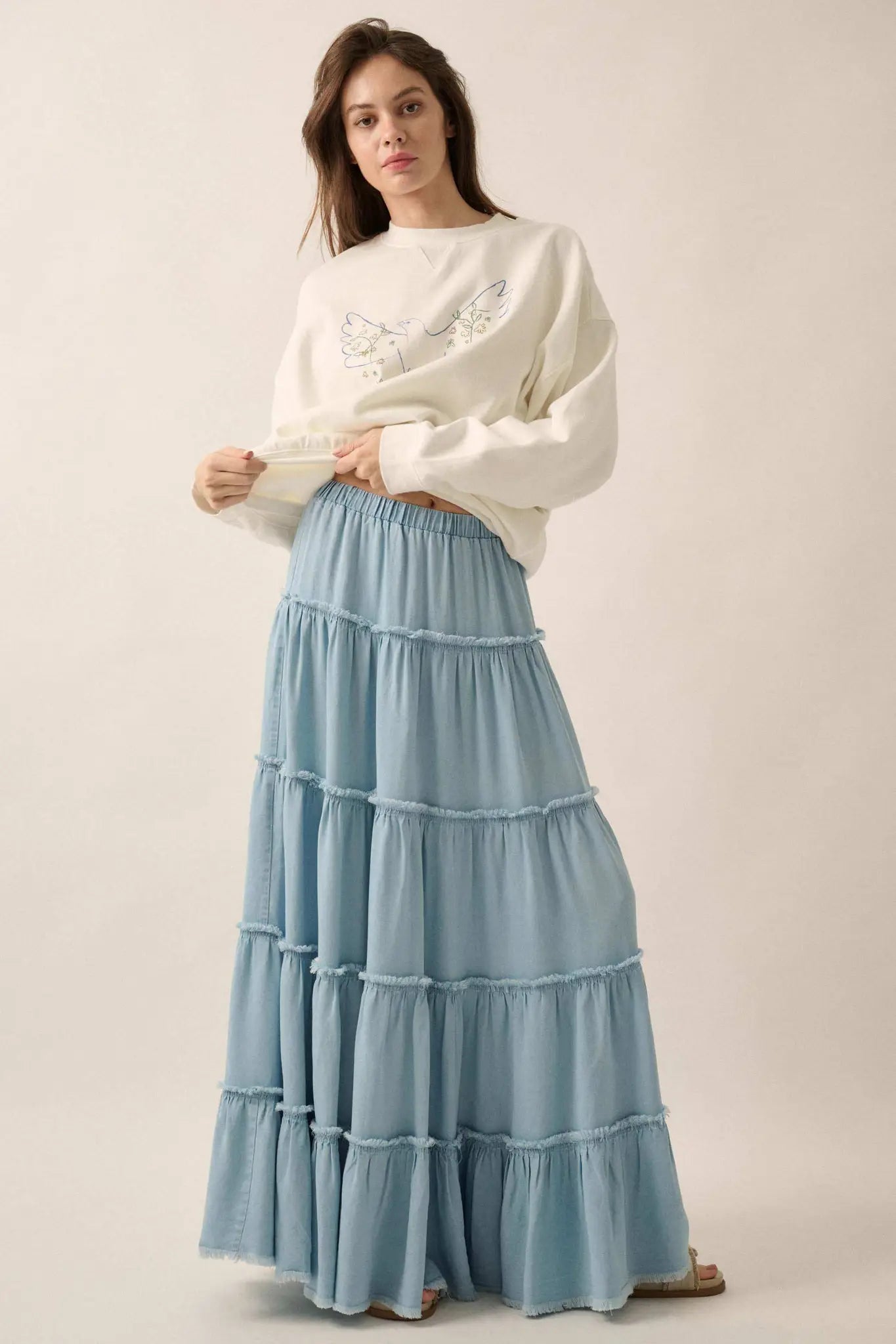 Feeling Blue Denim Raw-Edge Tiered Maxi Skirt