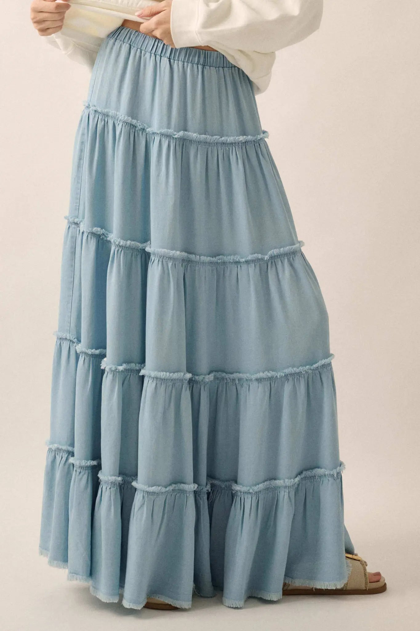 Feeling Blue Denim Raw-Edge Tiered Maxi Skirt