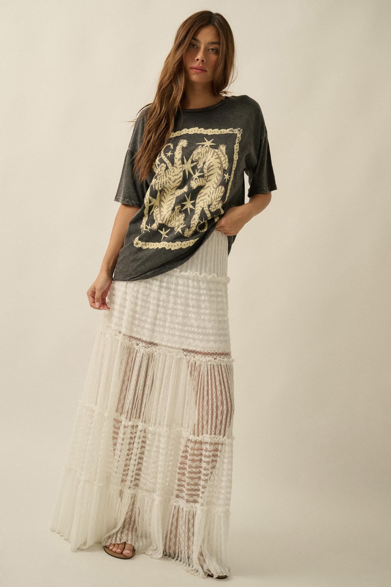 Dreaming of You Striped Lace Tiered Maxi Skirt