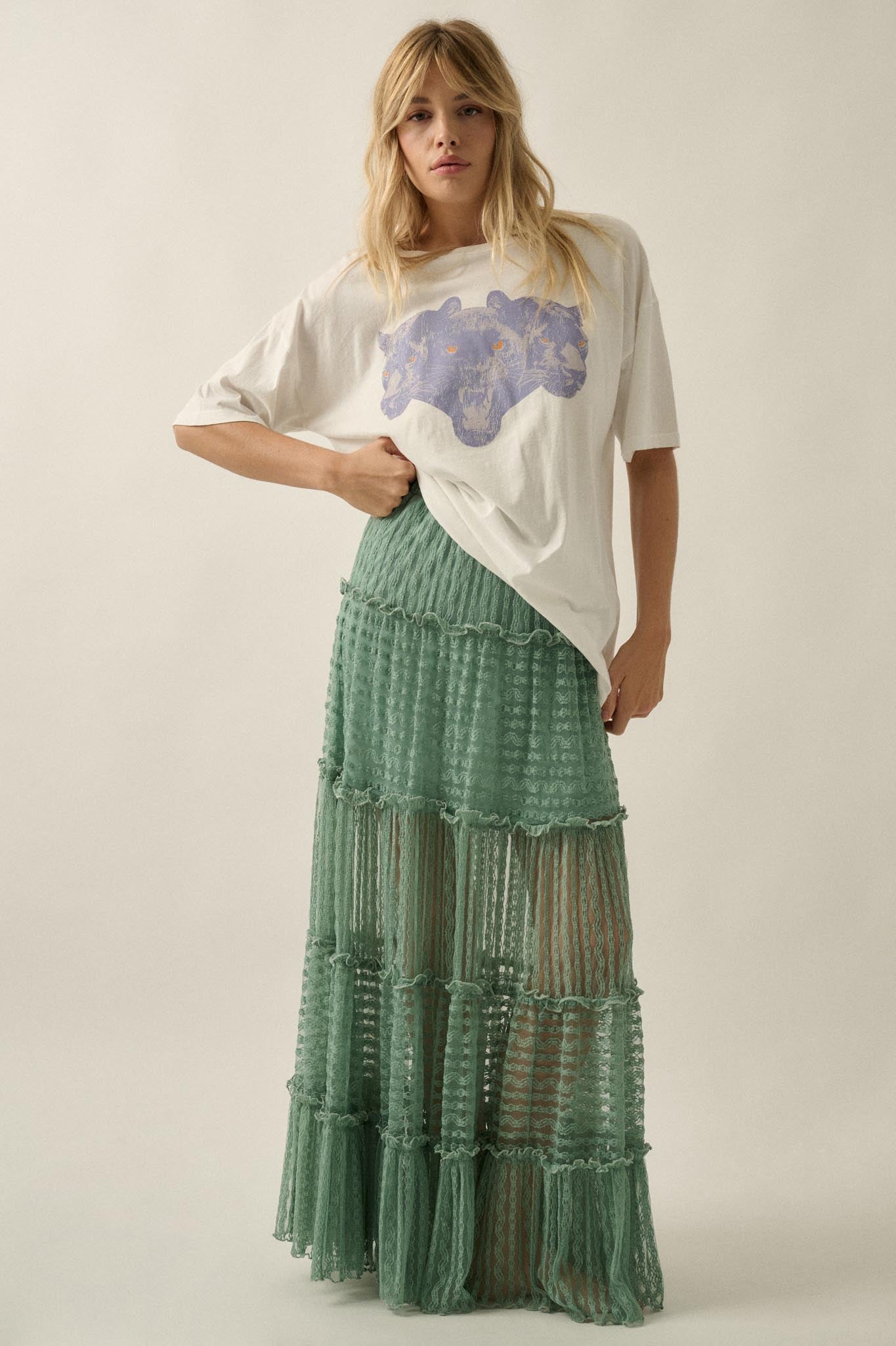 Dreaming of You Striped Lace Tiered Maxi Skirt
