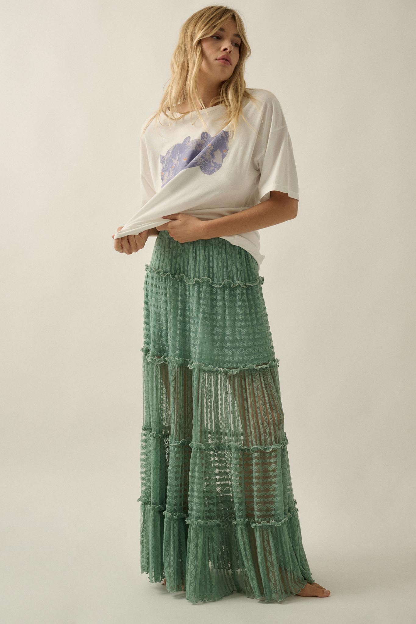 Dreaming of You Striped Lace Tiered Maxi Skirt