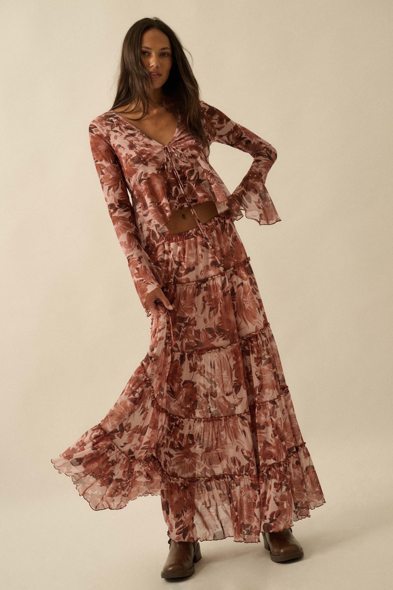 Gorgeous Garden Floral Mesh Tiered Maxi Skirt