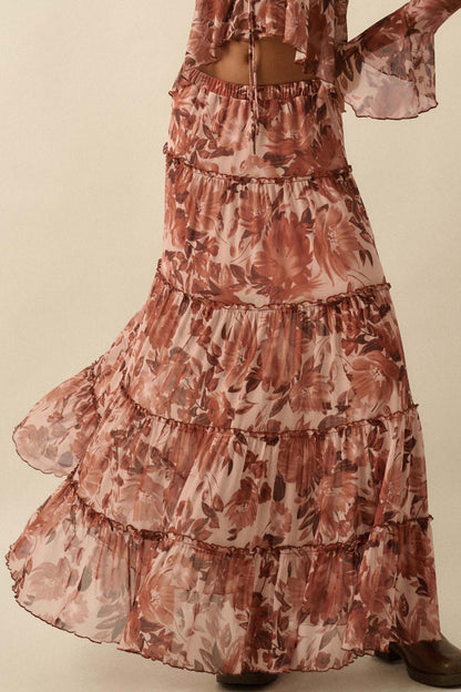 Gorgeous Garden Floral Mesh Tiered Maxi Skirt