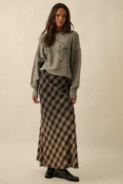 Modern Tartan Bias-Cut Plaid Maxi Skirt