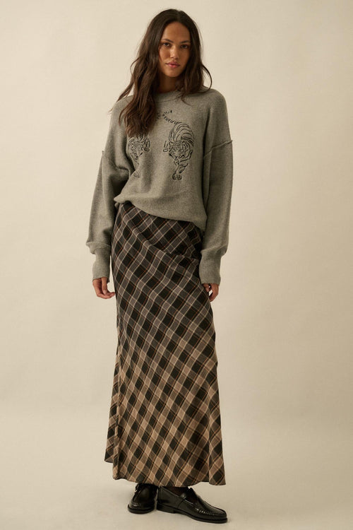 Modern Tartan Bias-Cut Plaid Maxi Skirt