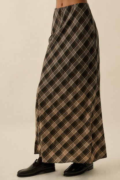 Modern Tartan Bias-Cut Plaid Maxi Skirt