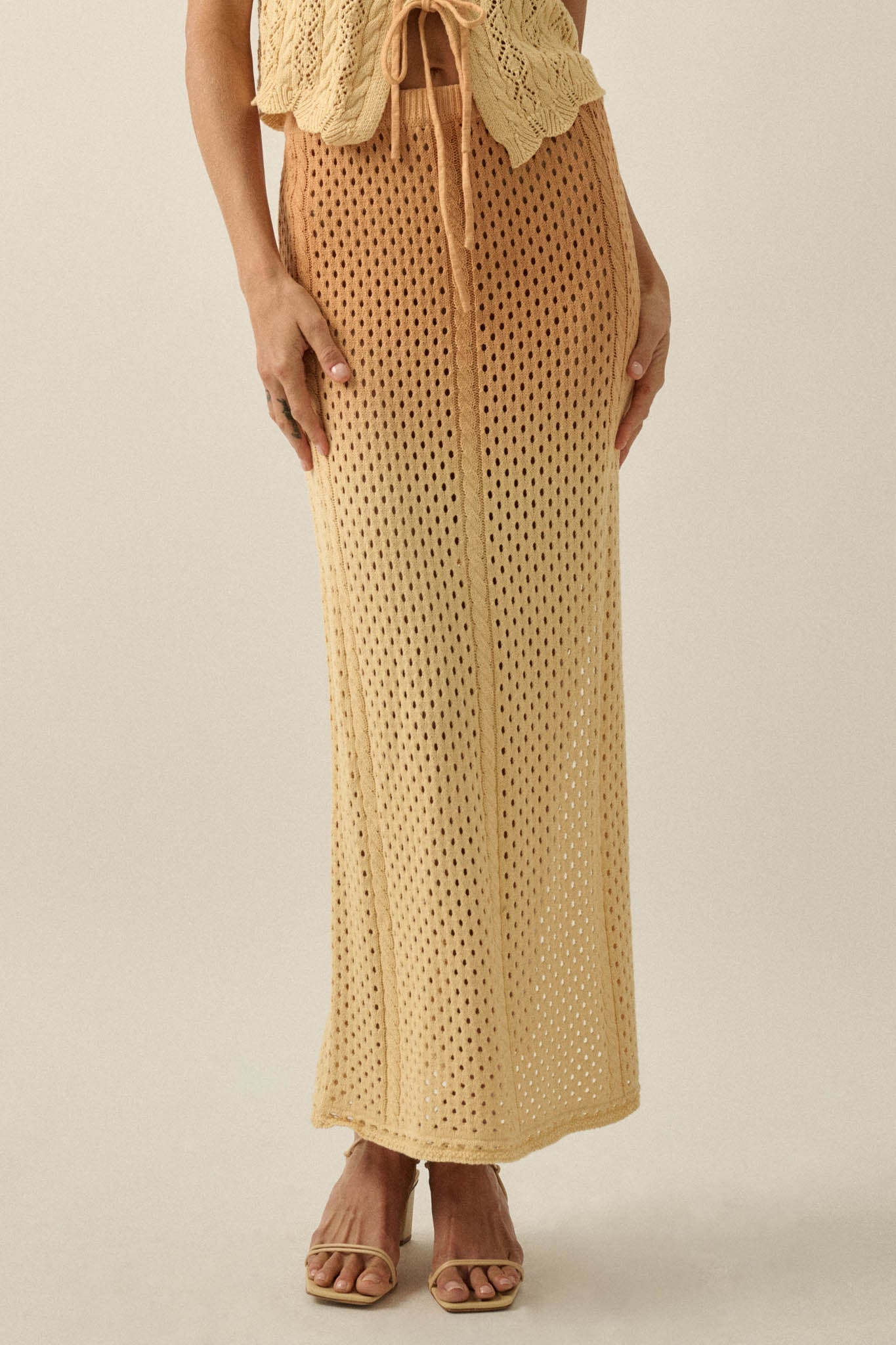 Fade In Ombre Pointelle Crochet-Knit Maxi Skirt