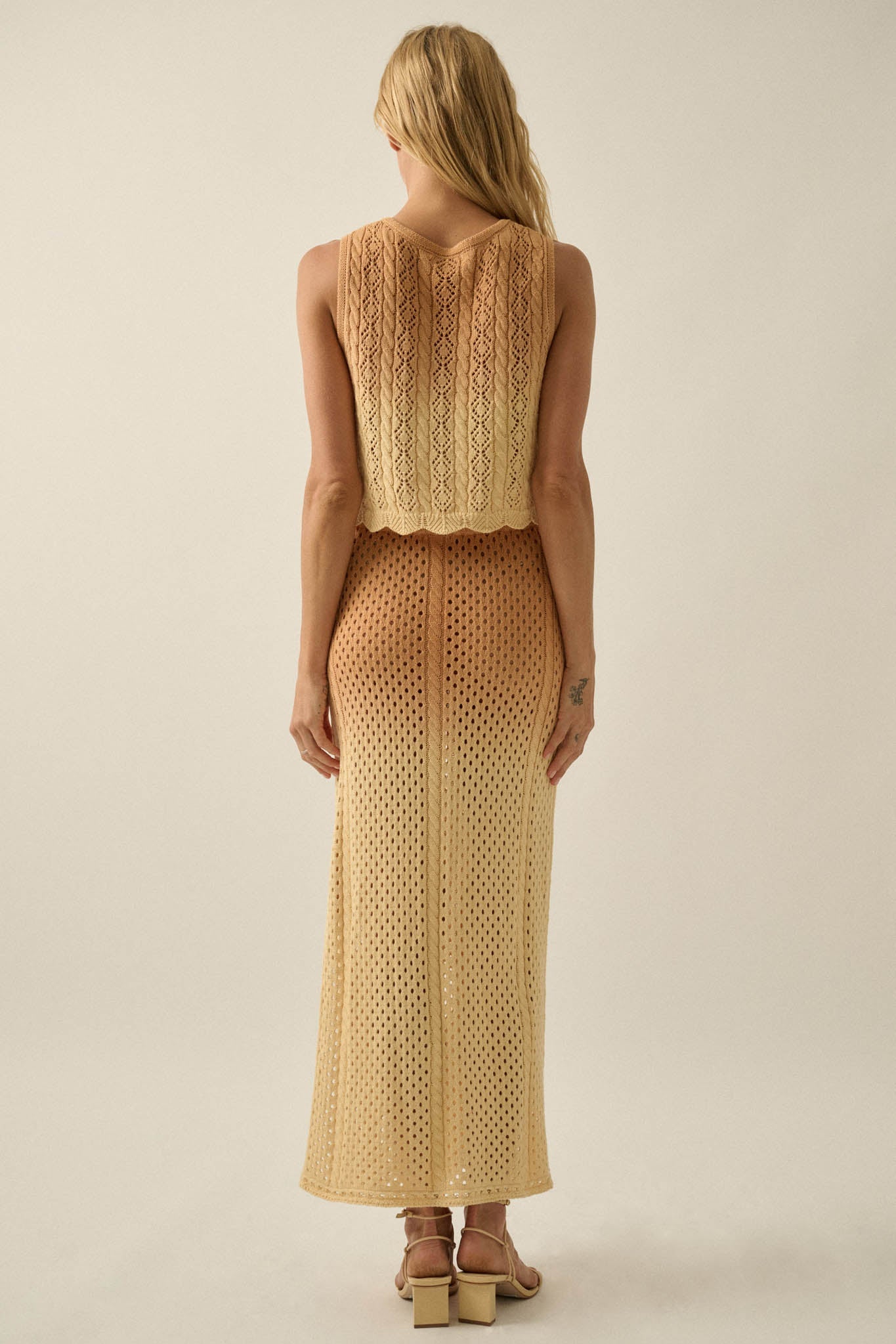 Fade In Ombre Pointelle Crochet-Knit Maxi Skirt