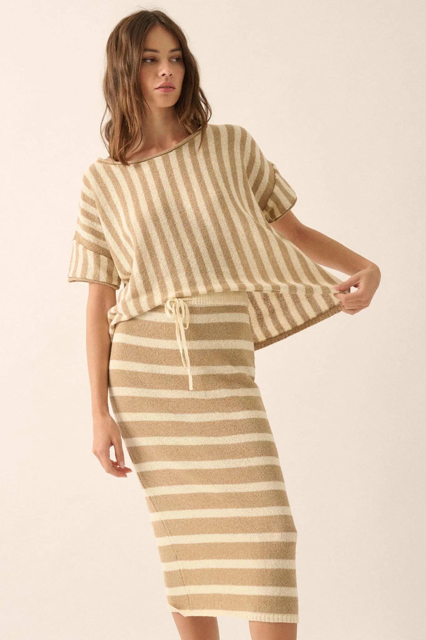 Set Me Free Striped Drawstring Sweater Midi Skirt