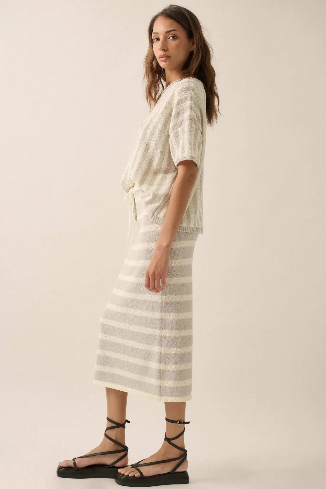 Set Me Free Striped Drawstring Sweater Midi Skirt