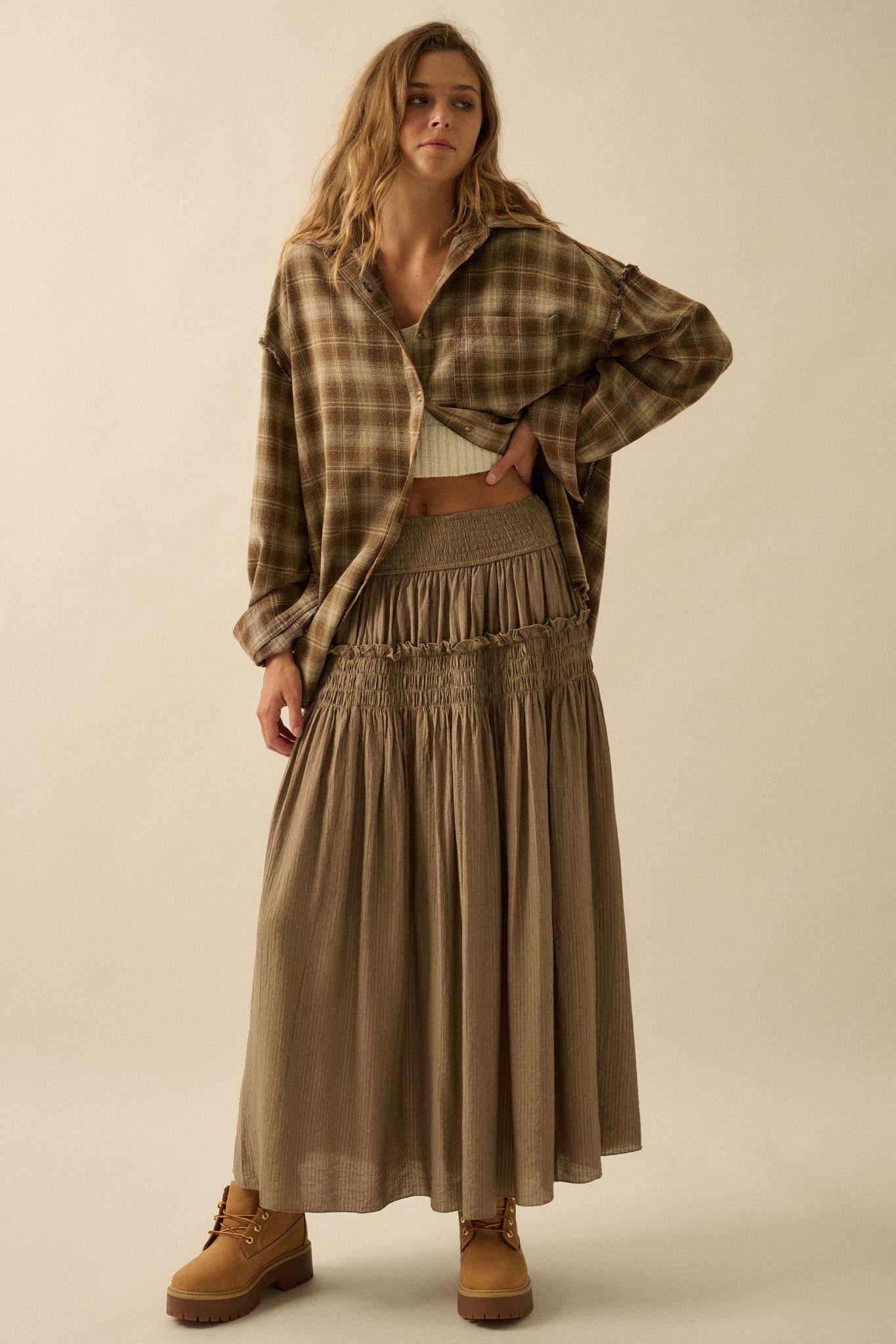 Love You More Smocked Tonal-Stripe Maxi skirt
