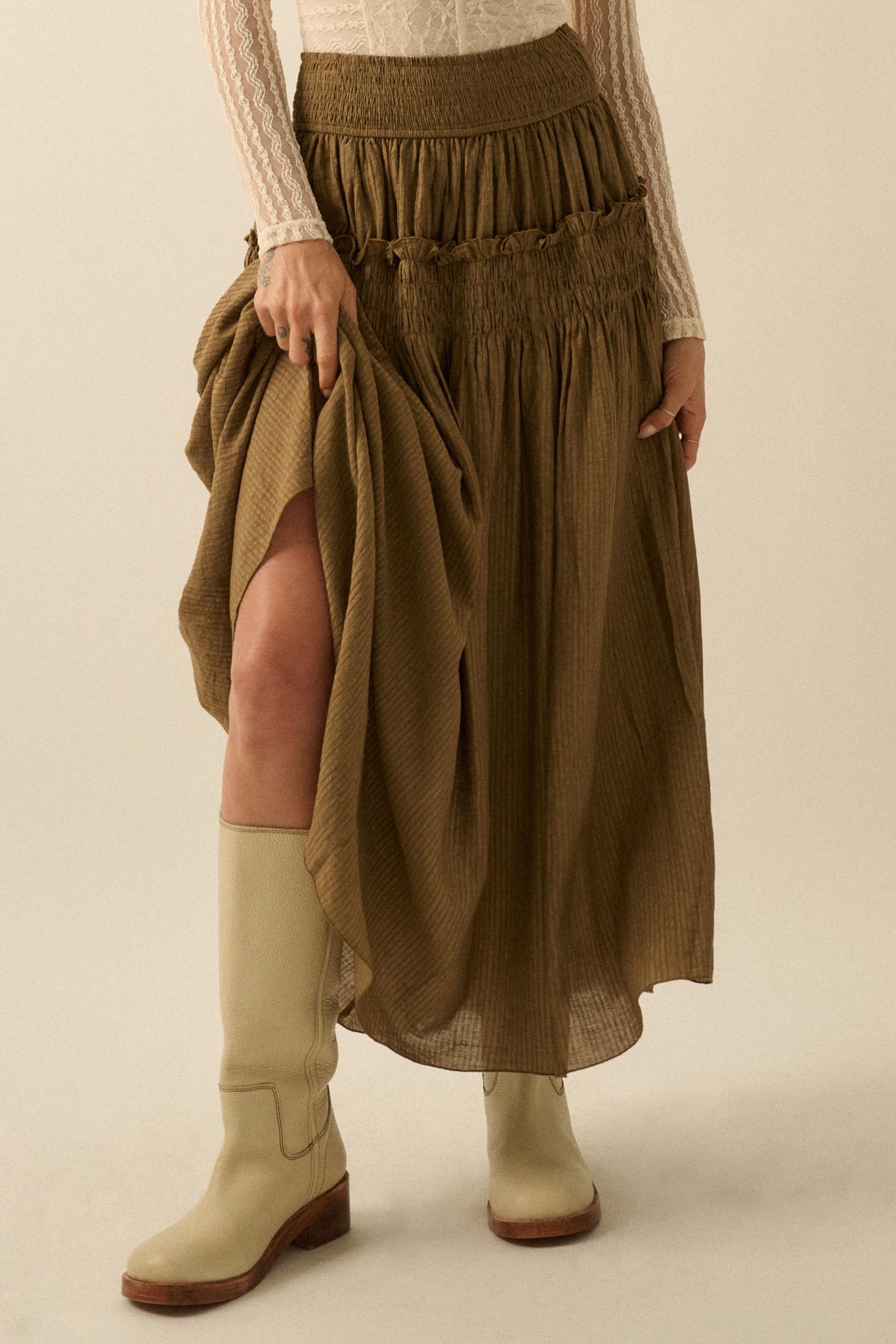 Love You More Smocked Tonal-Stripe Maxi skirt