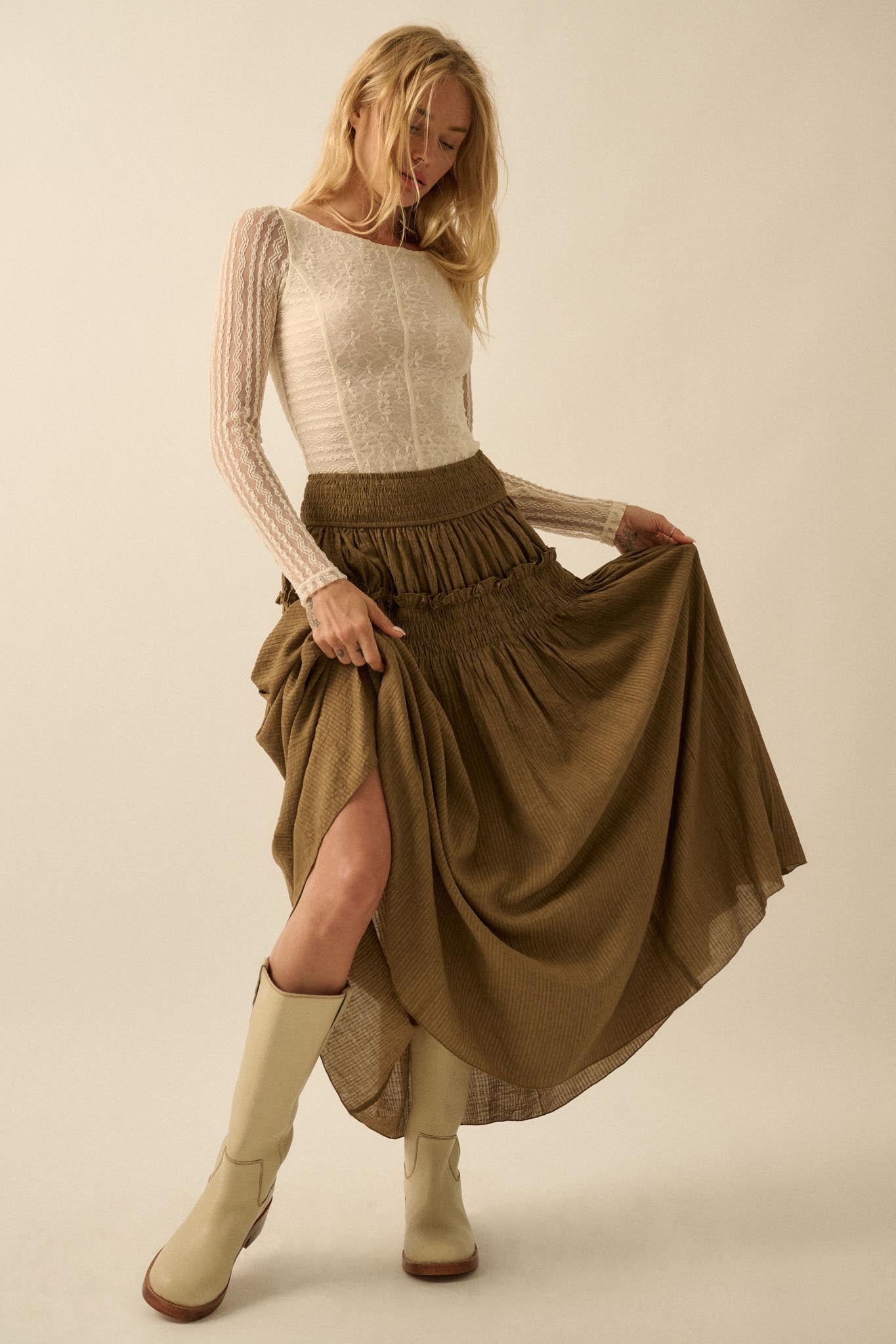 Love You More Smocked Tonal-Stripe Maxi skirt