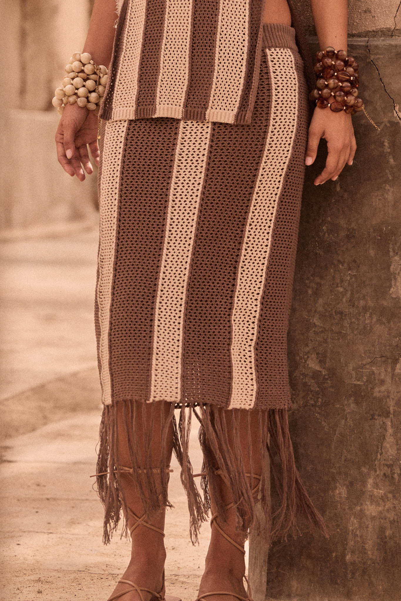 Someday Soon Striped Crochet-Knit Fringe Midi Skirt