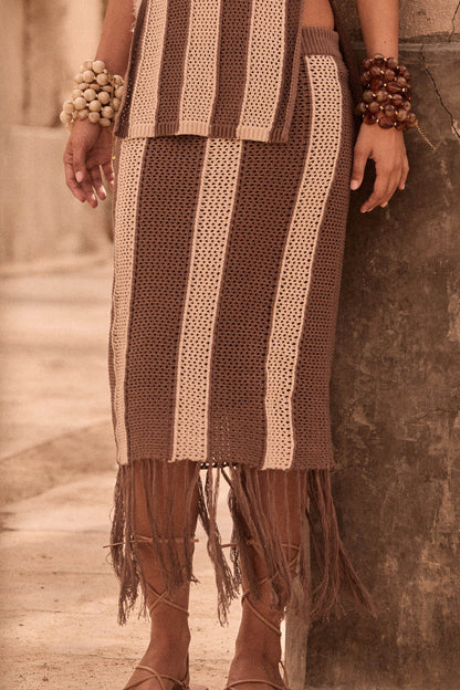 Someday Soon Striped Crochet-Knit Fringe Midi Skirt