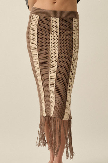 Someday Soon Striped Crochet-Knit Fringe Midi Skirt
